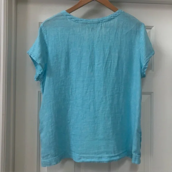 Cynthia Rowley 100% Linen Aqua Blue Short Sleeve Top Button Hem Size L - Picture 4 of 9
